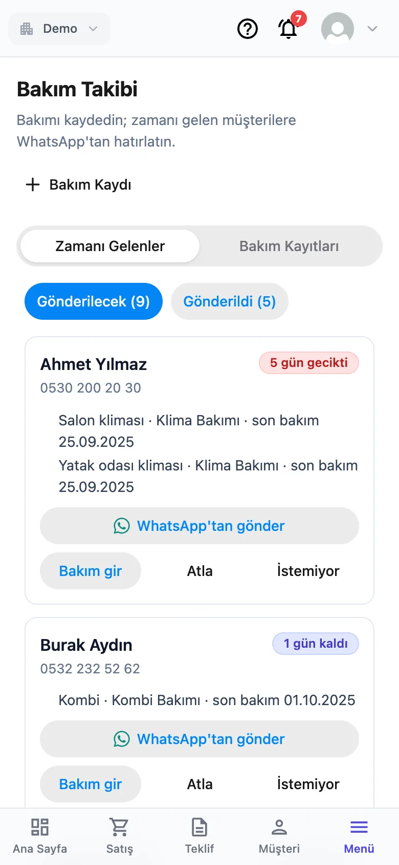 Telefonda Bakım Takibi: müşteri kartında tam genişlik WhatsApp’tan gönder düğmesi