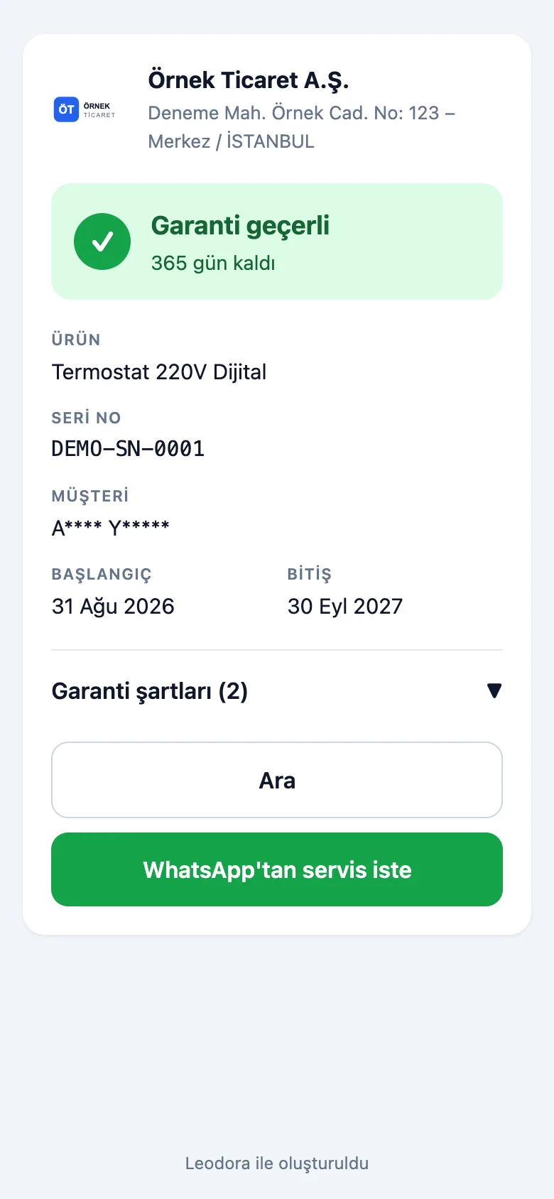 QR okutulunca telefonda açılan sayfa: garanti geçerli, 365 gün kaldı; Ara ve WhatsApp’tan servis iste düğmeleri