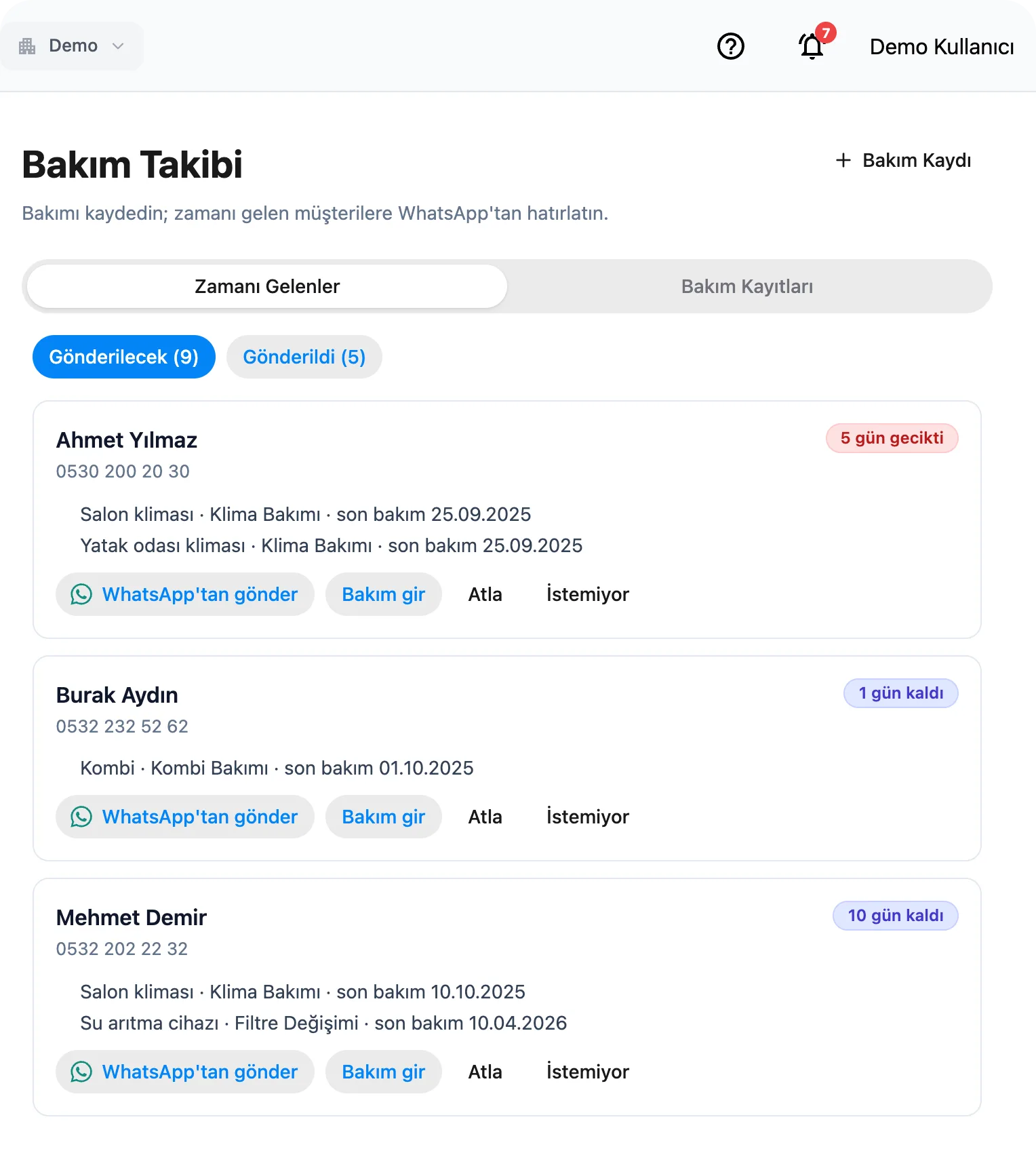 Bakım Takibi ekranı: bakım zamanı gelen müşteriler, cihazları ve son bakım tarihleri; gecikti ve gün kaldı rozetleri, WhatsApp’tan gönder düğmeleri