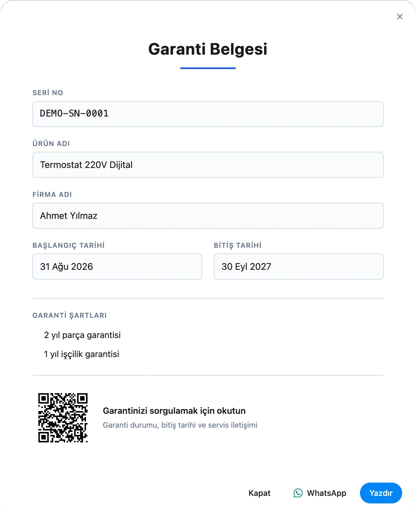 Garanti belgesi: seri numarası, ürün, firma, başlangıç ve bitiş tarihi, garanti şartları ve sorgulama QR’ı