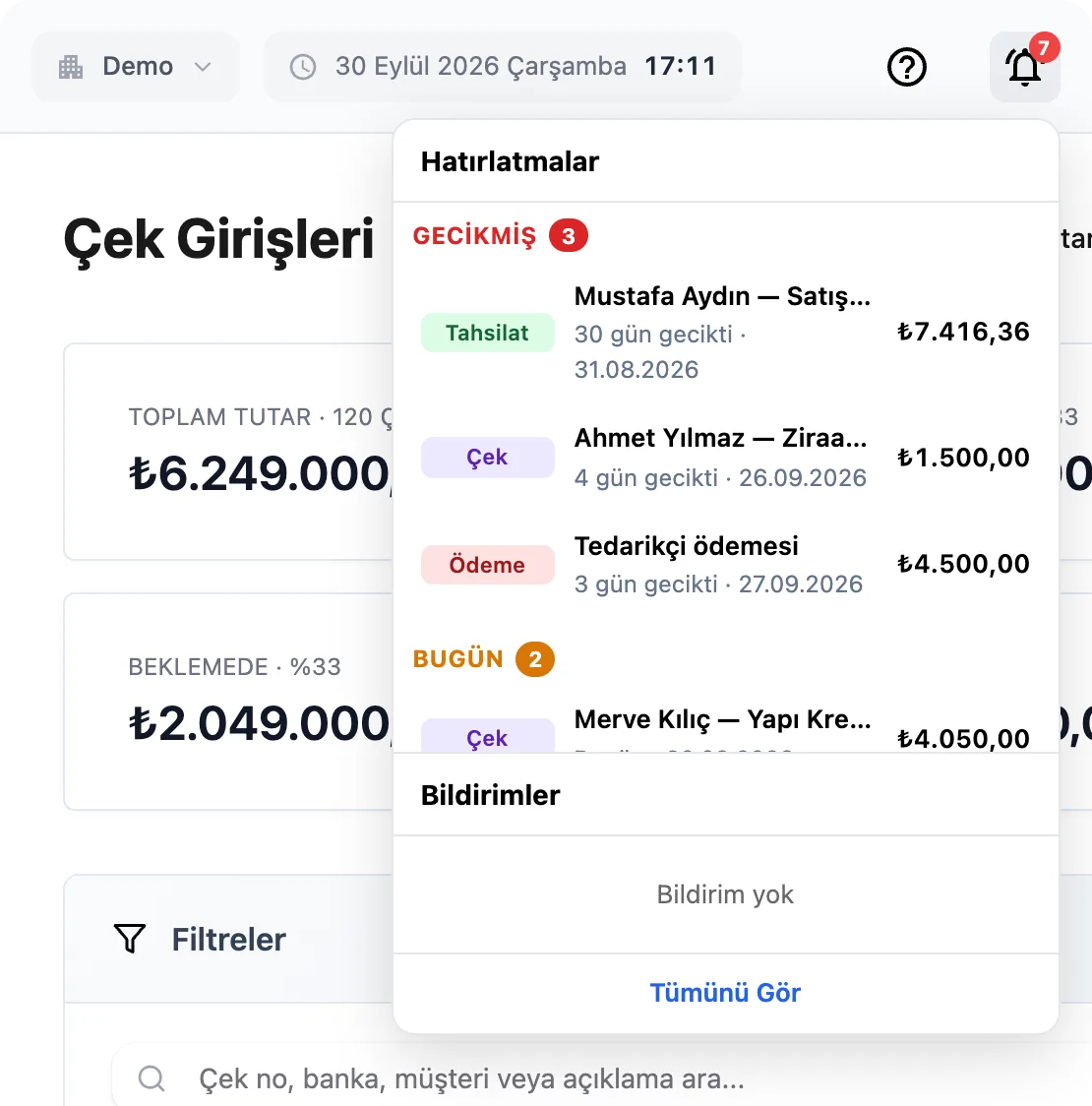 Çek girişleri ekranında açık hatırlatma paneli: gecikmiş tahsilat, çek ve tedarikçi ödemesi, bugün vadesi gelen çekler