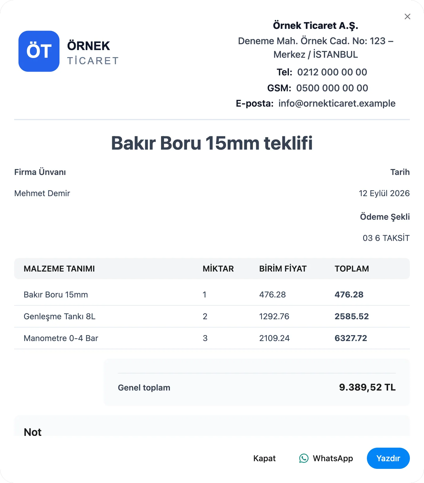 Kayıtlı bir teklifin önizlemesi: işletme anteti, kalemler, genel toplam, WhatsApp ve Yazdır düğmeleri